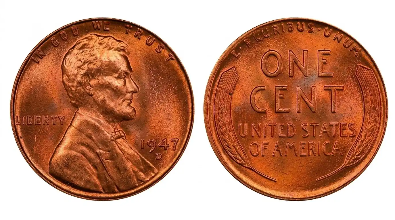 Realistic close-up of a 1947 Lincoln wheat penny with visible copper luster