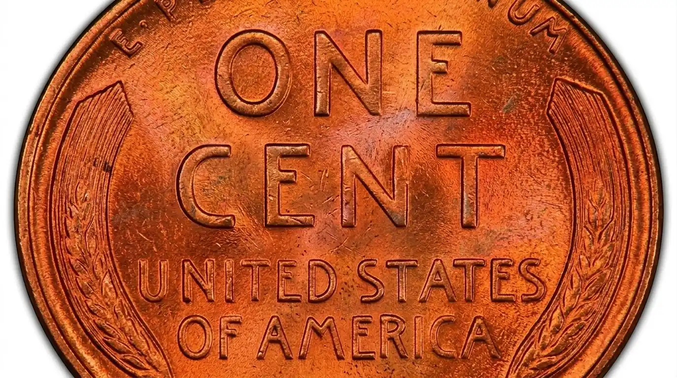  close-up of the reverse side of a 1947 wheat penny