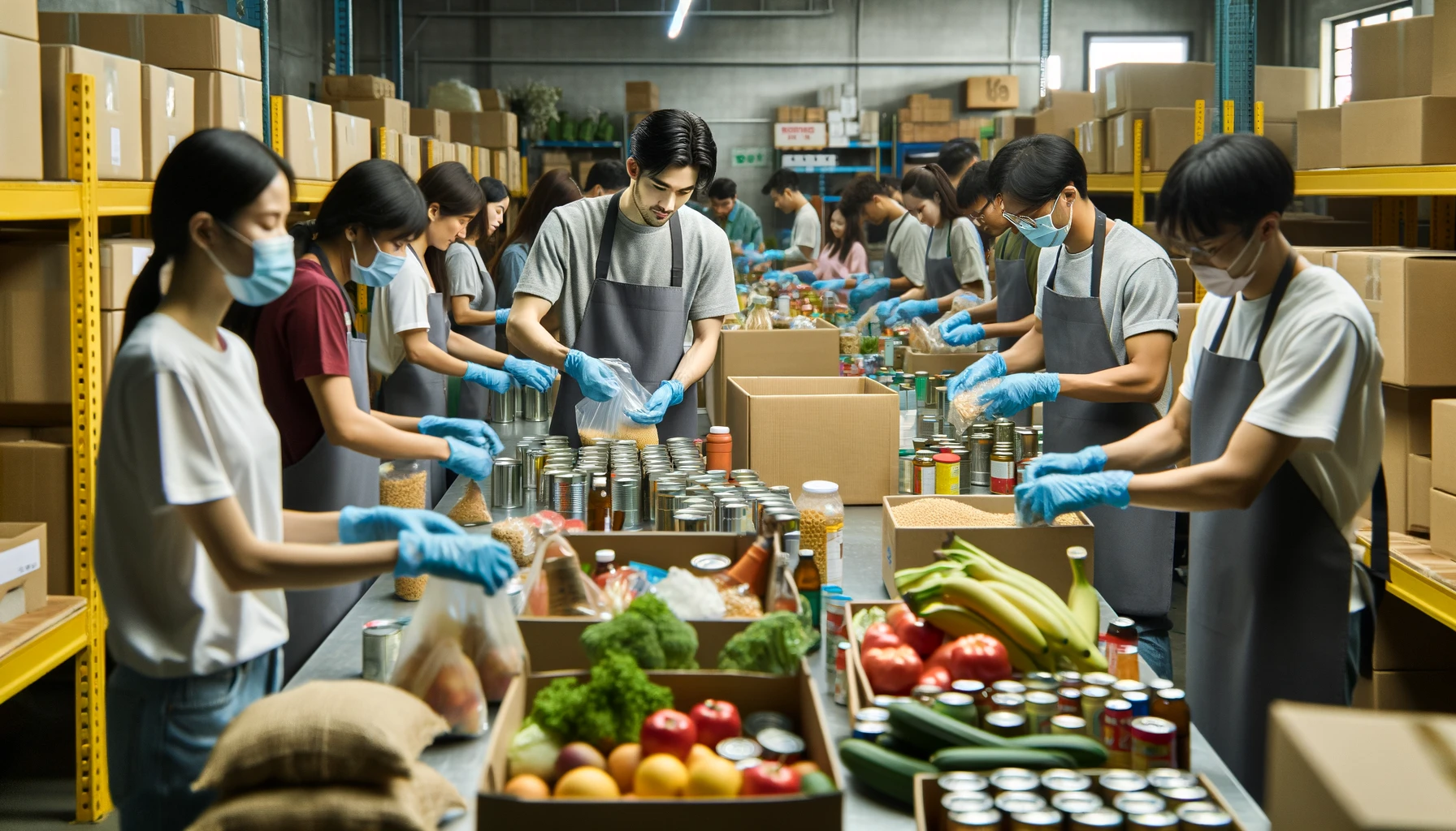 Asian volunteers actively involved in packing donated goods and groceries for those impacted by financial difficulties