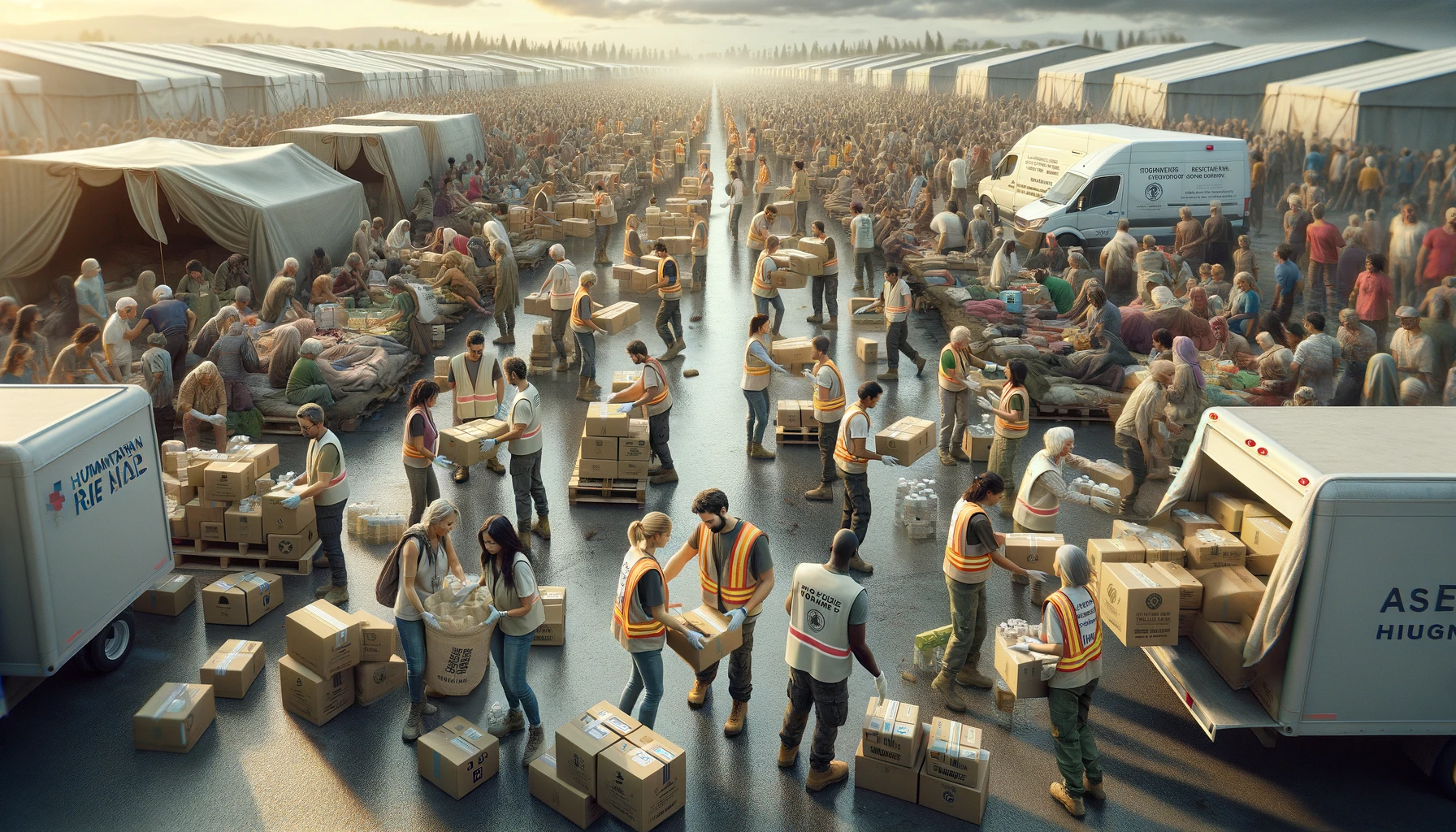 volunteers and aid workers are distributing essential supplies to people affected by a natural disaster or conflict.