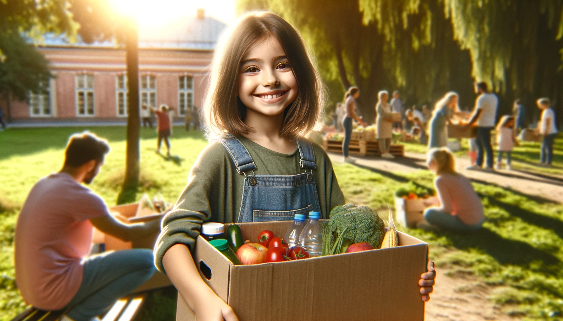 child in a park, smiling and holding a grocery box as part of a healthy diet initiative at a refugee feeding project.