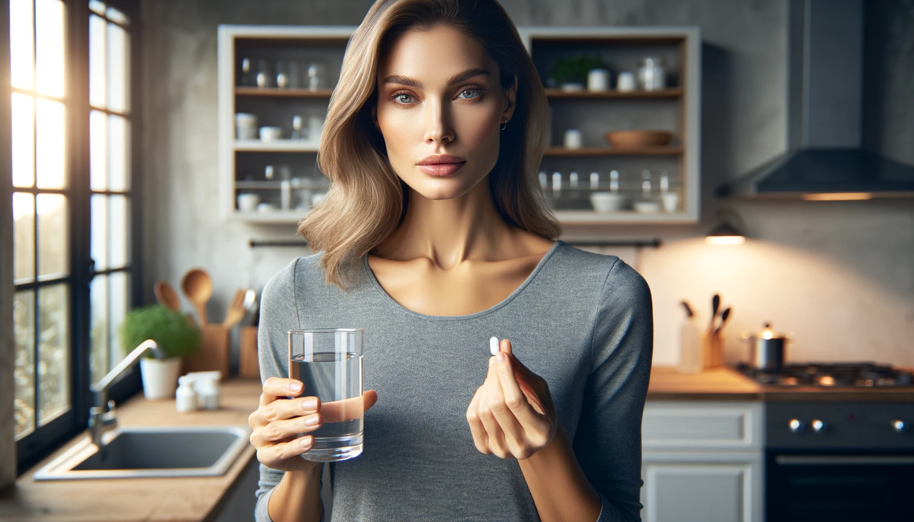 handsome woman holding a glass of water in one hand and medication in the other, standing in a kitchen setting