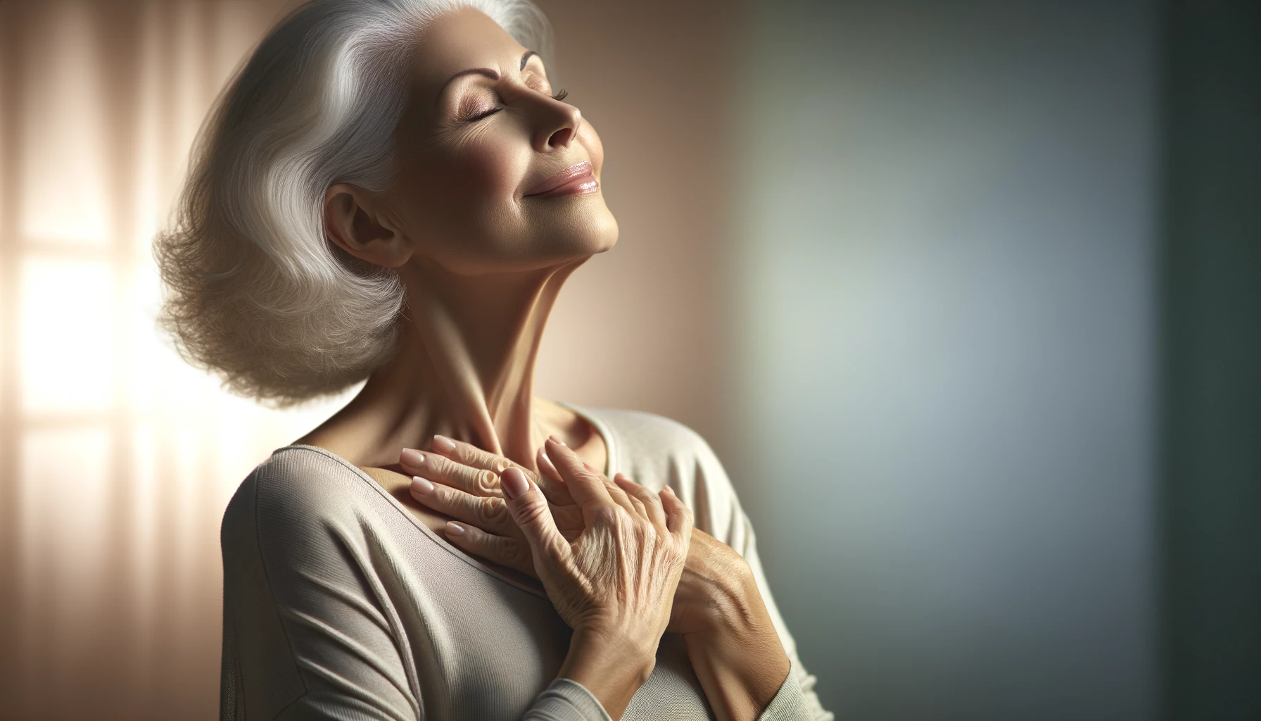 Attractive senior woman savoring the moment standing with her eyes closed and head tilted back with a serene expression as she clasps her chest with her hands