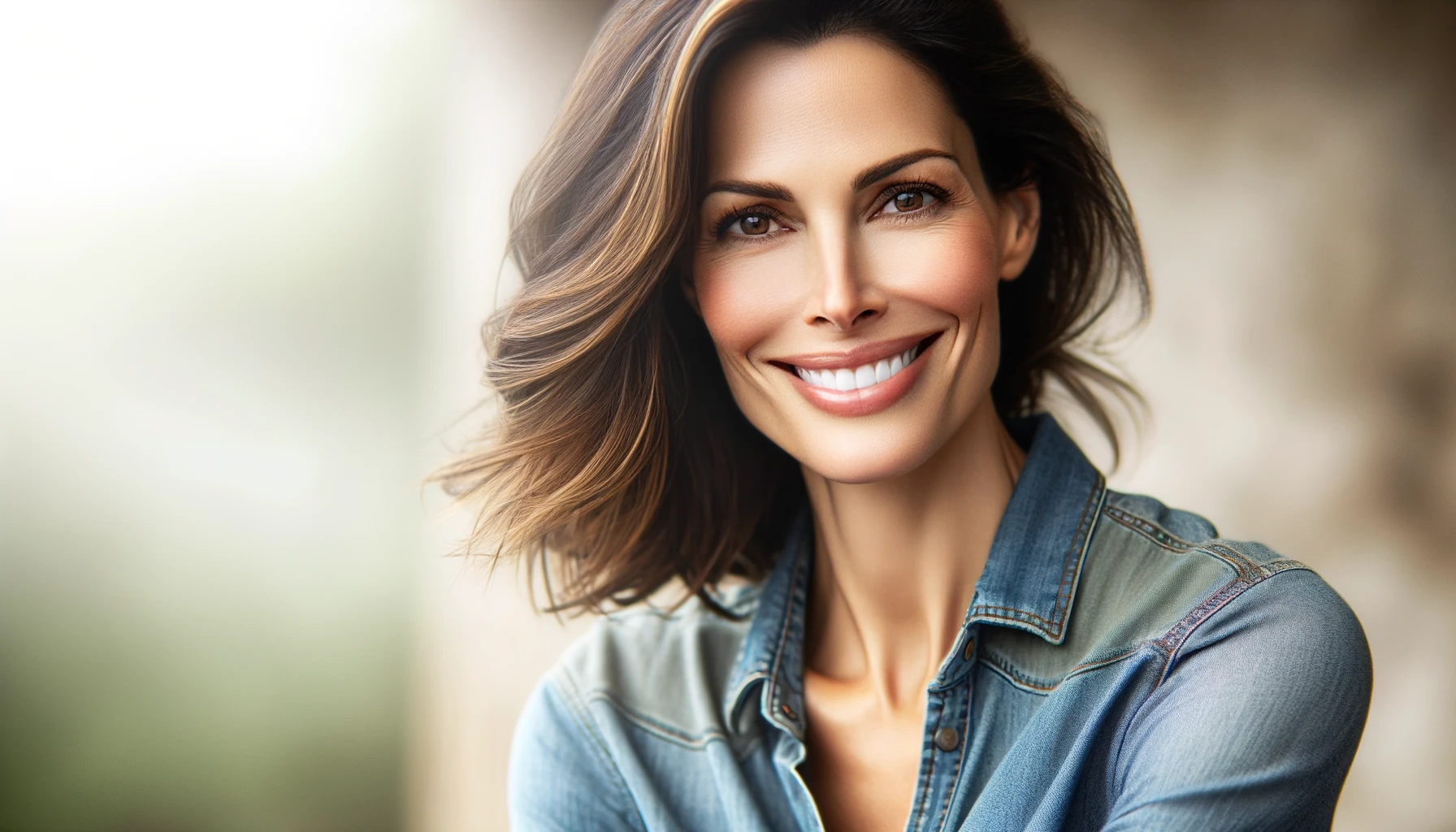 Woman smiling after Turkey rhinoplasty . She is warm, exuding confidence and positivity.