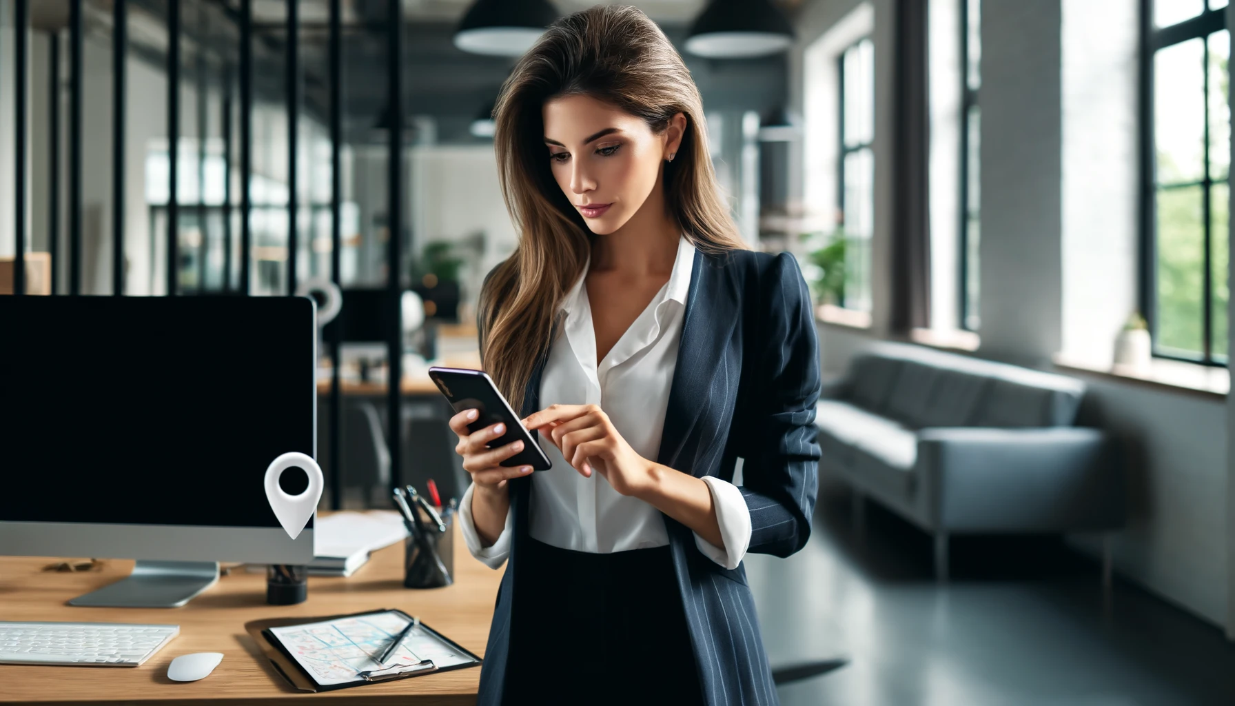 an attractive woman using a location tracking app on her smartphone in an office setting