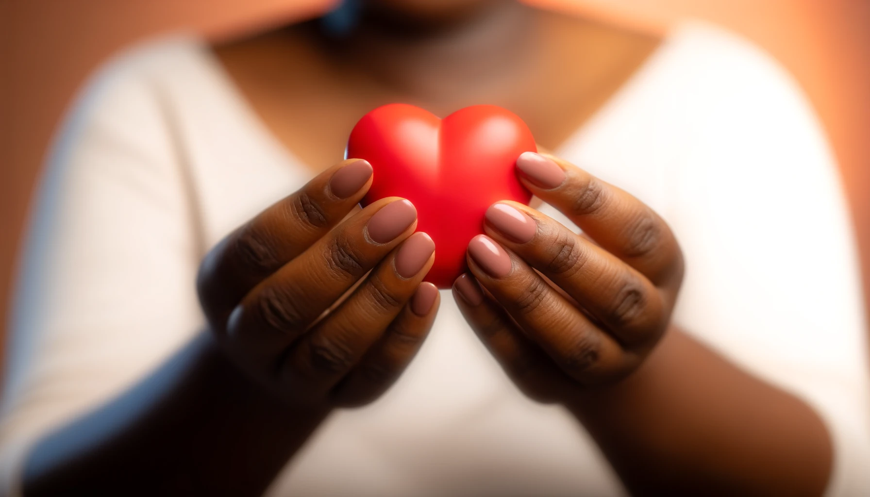 close-up of an African woman's hands holding a red heart, symbolizing solidarity