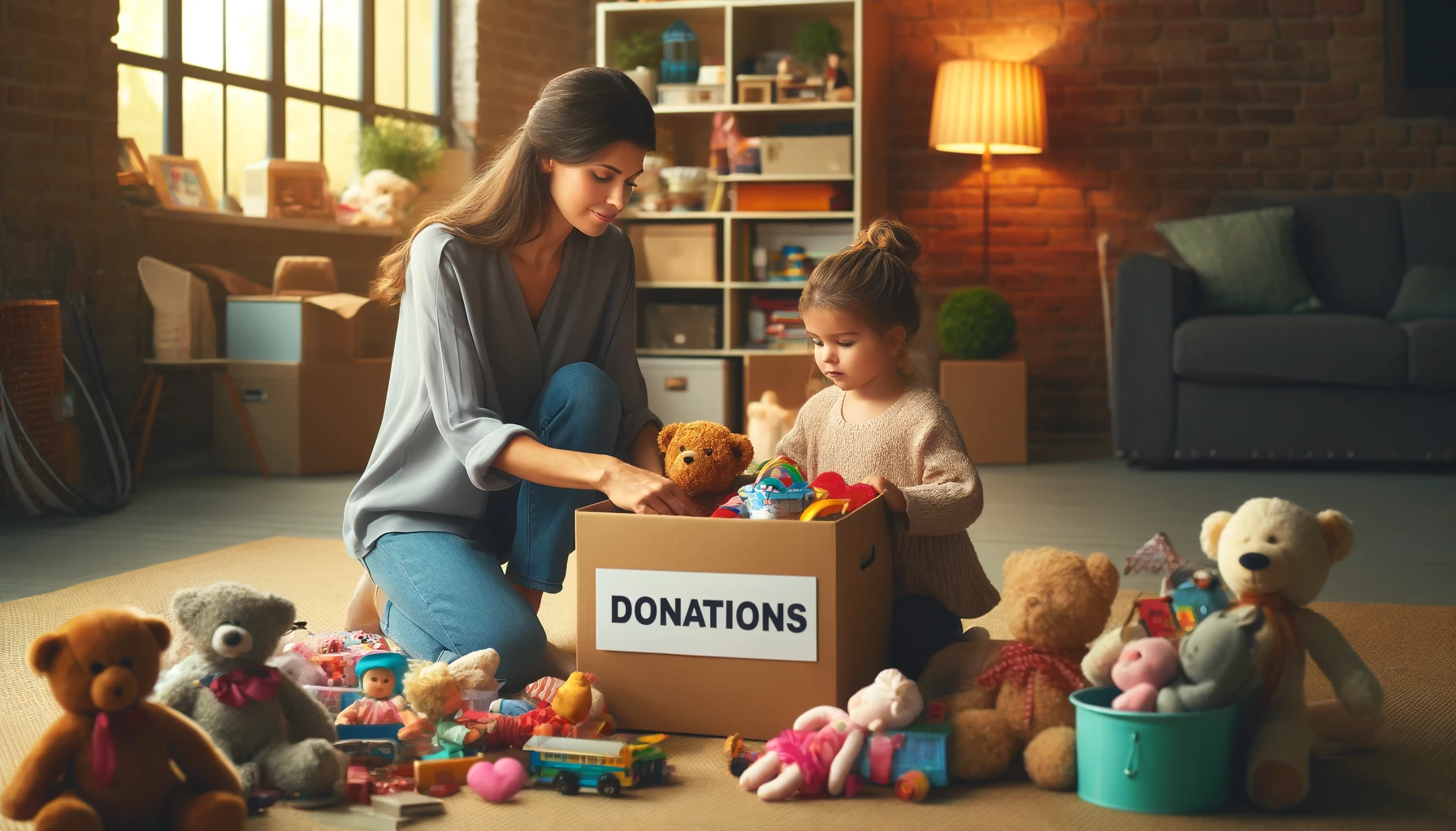 A mother and her young daughter sorting through a collection of toys to donate to children in need