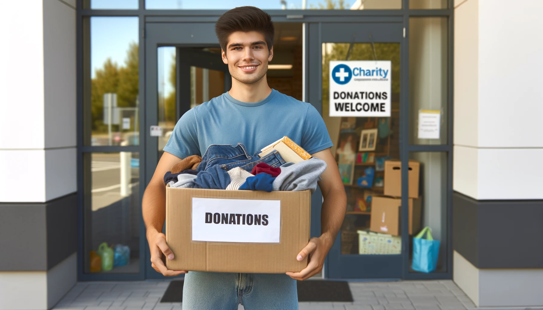 Young volunteer holding donation box
