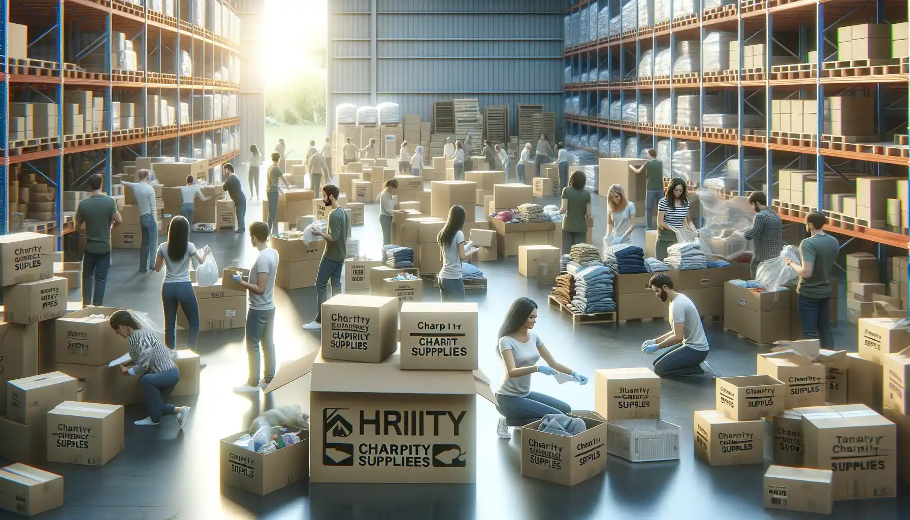 a group of volunteers organizing donations in a warehouse. Boxes labeled with 'Charity Supplies' are stacked around, and volunteers are sorting through items like clothes, food, and medical supplies.