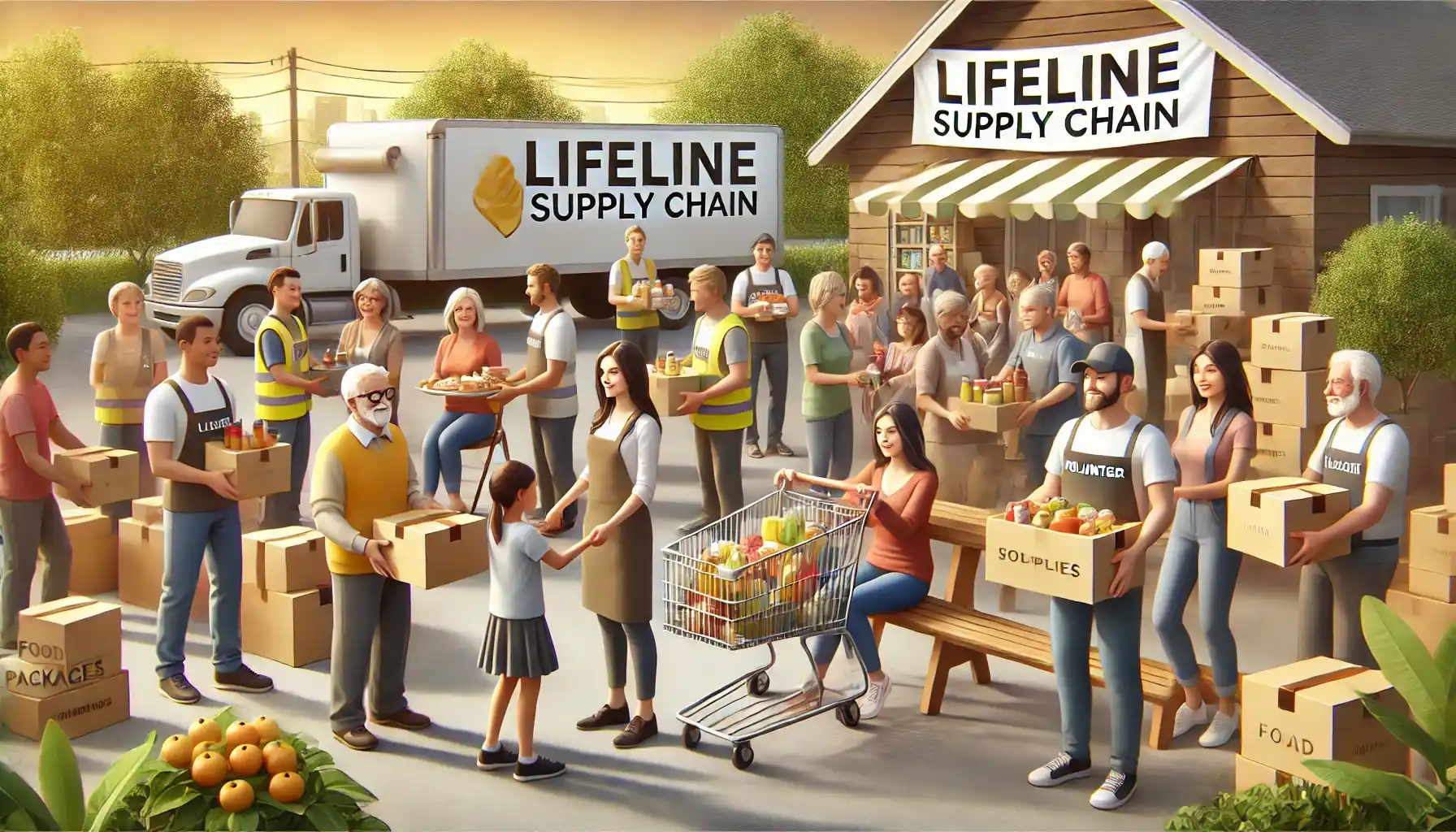 a diverse group of volunteers distributing supplies, such as food packages and clothing, to a cheerful group of beneficiaries in a community setting. 