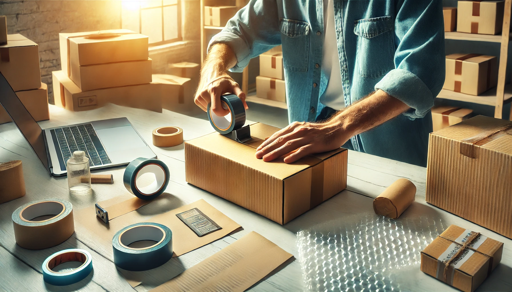 A person in a casual outfit is sealing a cardboard box with packing tape in a well-organized, brightly lit workspace, surrounded by packing materials like bubble wrap, labels, and other boxes.