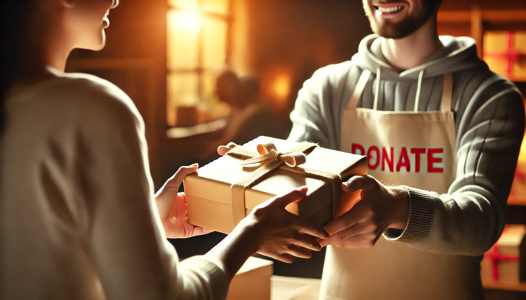 A person with a warm smile hands a neatly wrapped gift to another grateful individual in a cozy, warmly lit indoor setting.