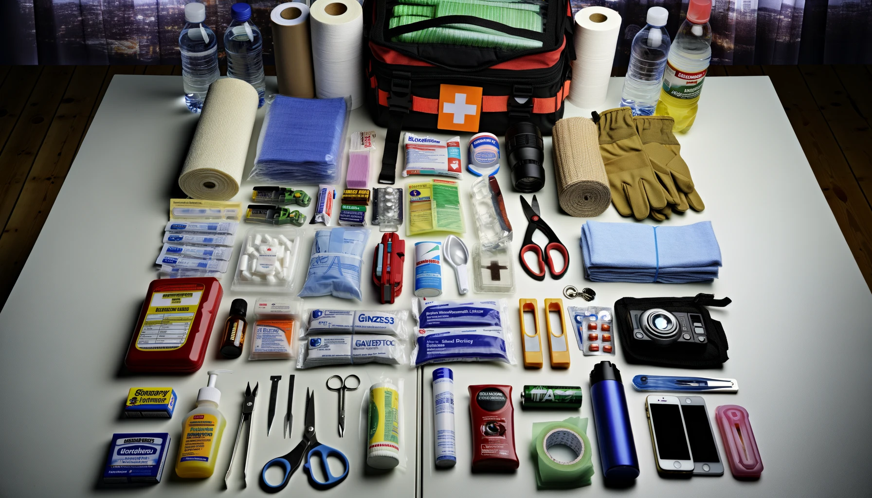 A photorealistic image of a well-organized emergency response kit laid out on a table. 
