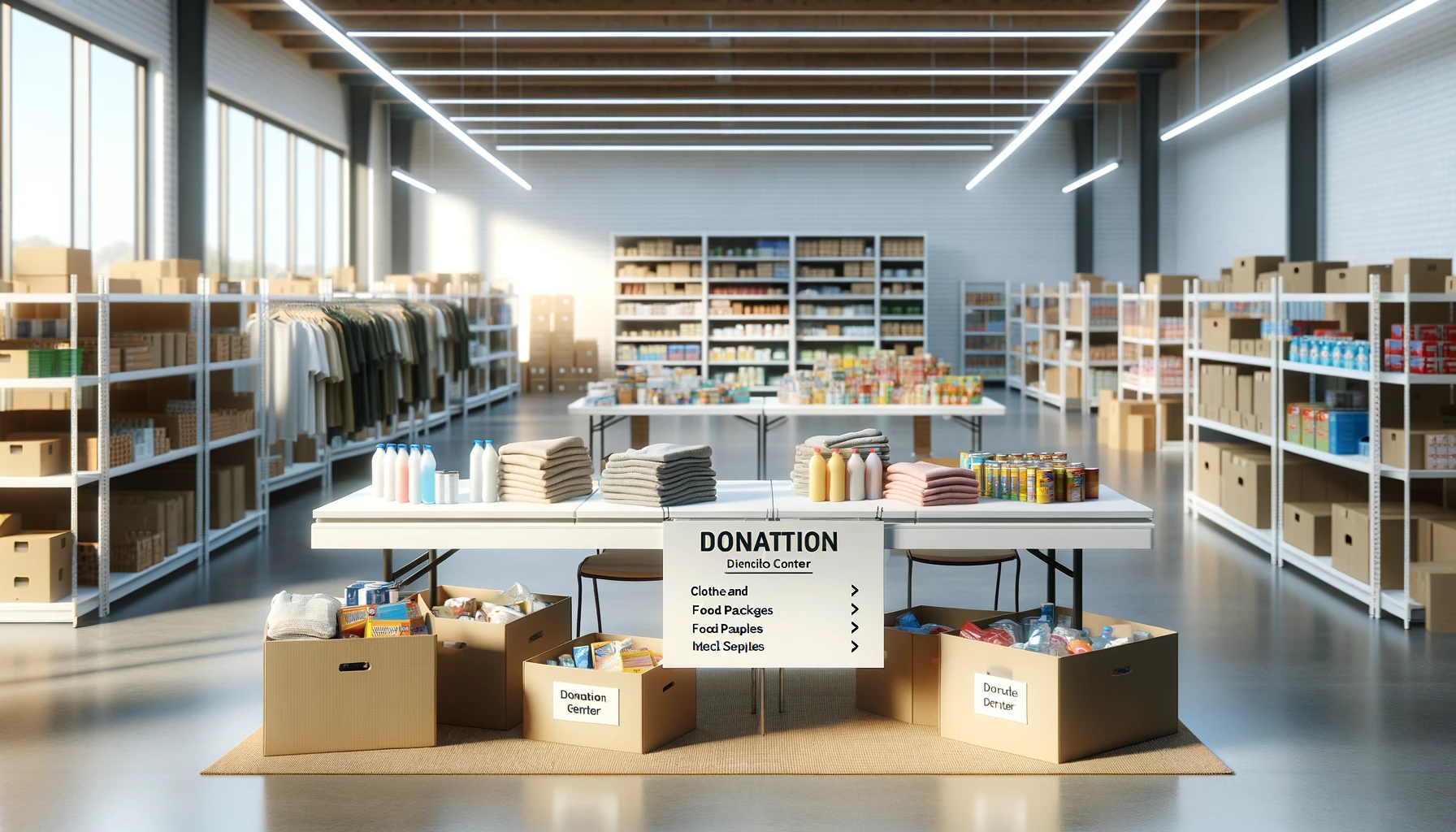 an indoor donation center setup.