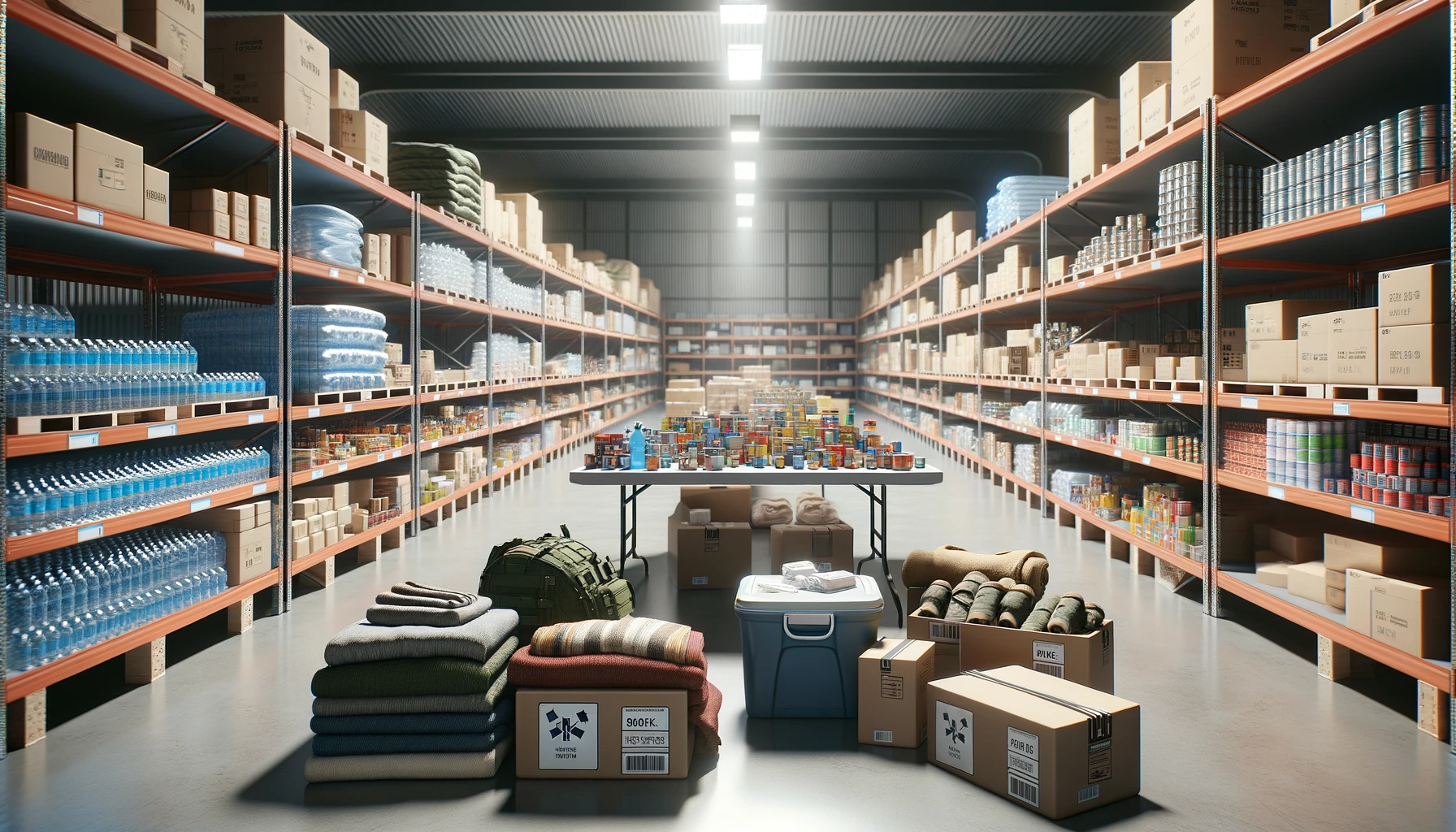 an indoor disaster relief supply area. 