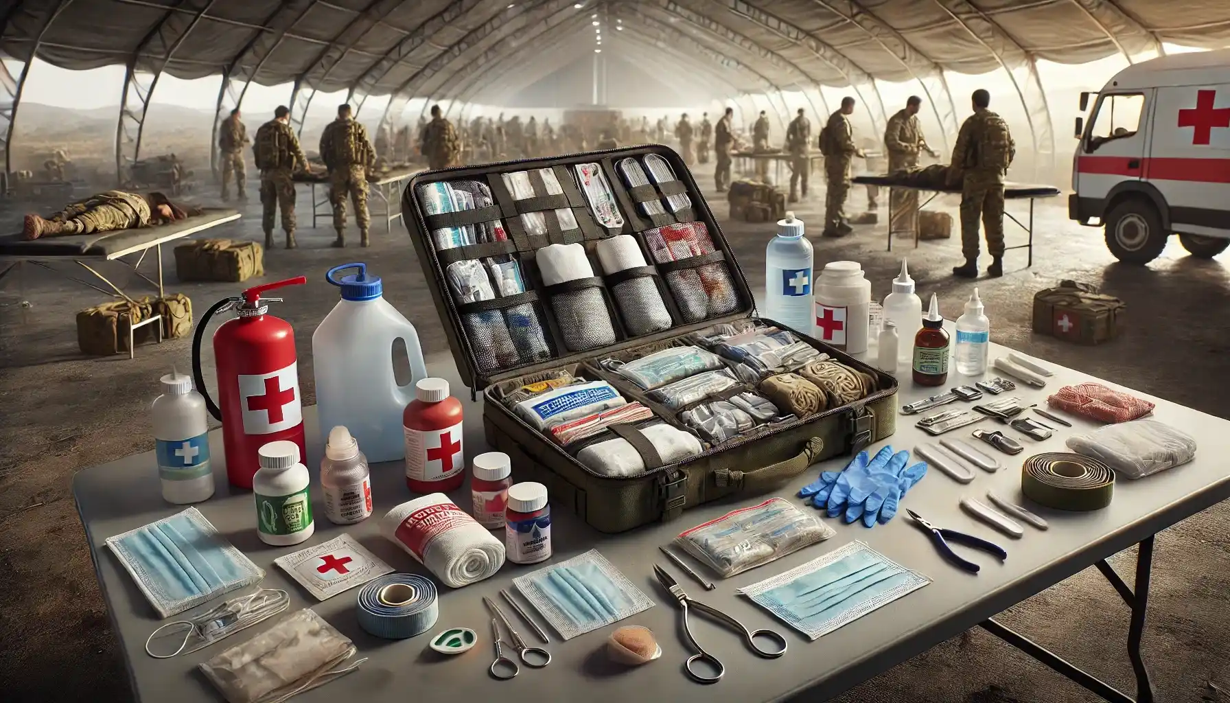 A well-organized humanitarian first aid kit is laid out on a sturdy table in an emergency response setting.
