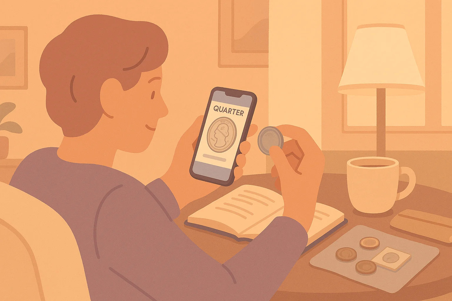 A collector looks up a quarter via a coin identification app on the phone.