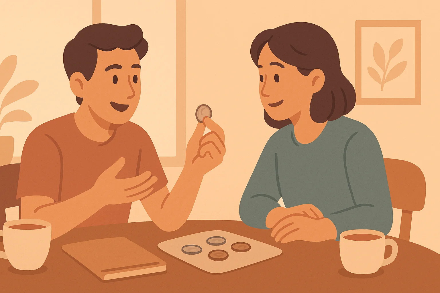 Two friends discuss their coin collections at the cafe.